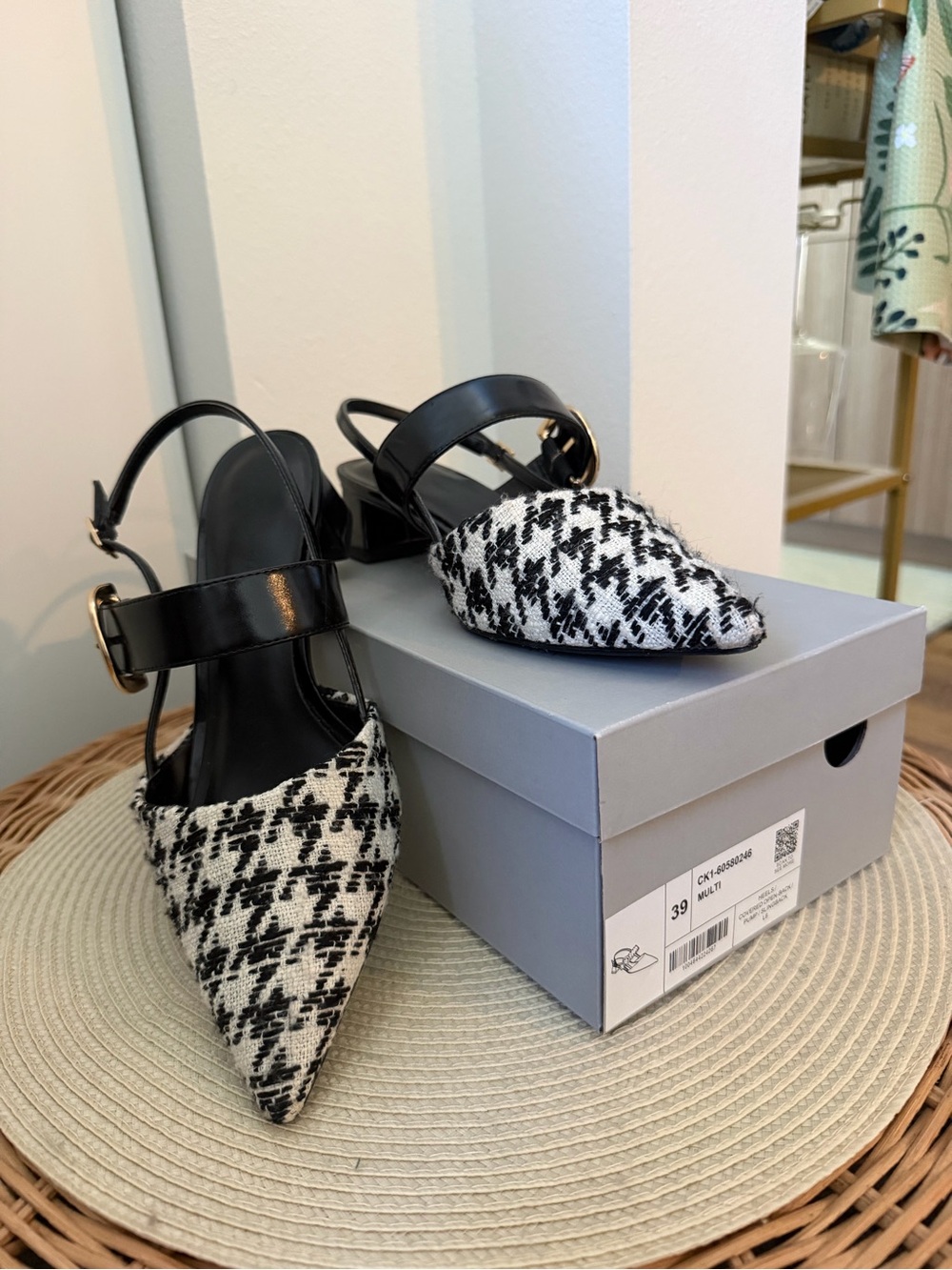 Charles & Keith Pointed Toe Houndstooth Slingback Heels - Black/White